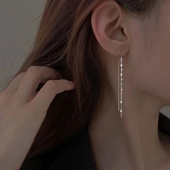 925 Sterling Silver Threader Earrings Tassel Long Chain Drop Statement Earrings - Picture 6 of 8